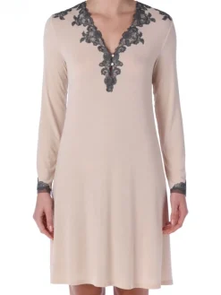 Edle Nachthemden^IMEC Langarm Nachtkleid INES in creme-grau mit Modal von crema mit grauer Spitze