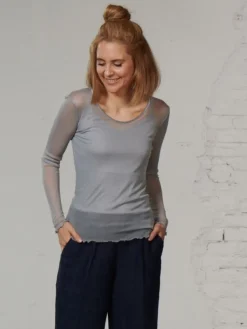 Shirts Mit Seide|Langarm^Kokon Zwo Langarm Rundhals Shirt NETZTÜLL 100% Seide von