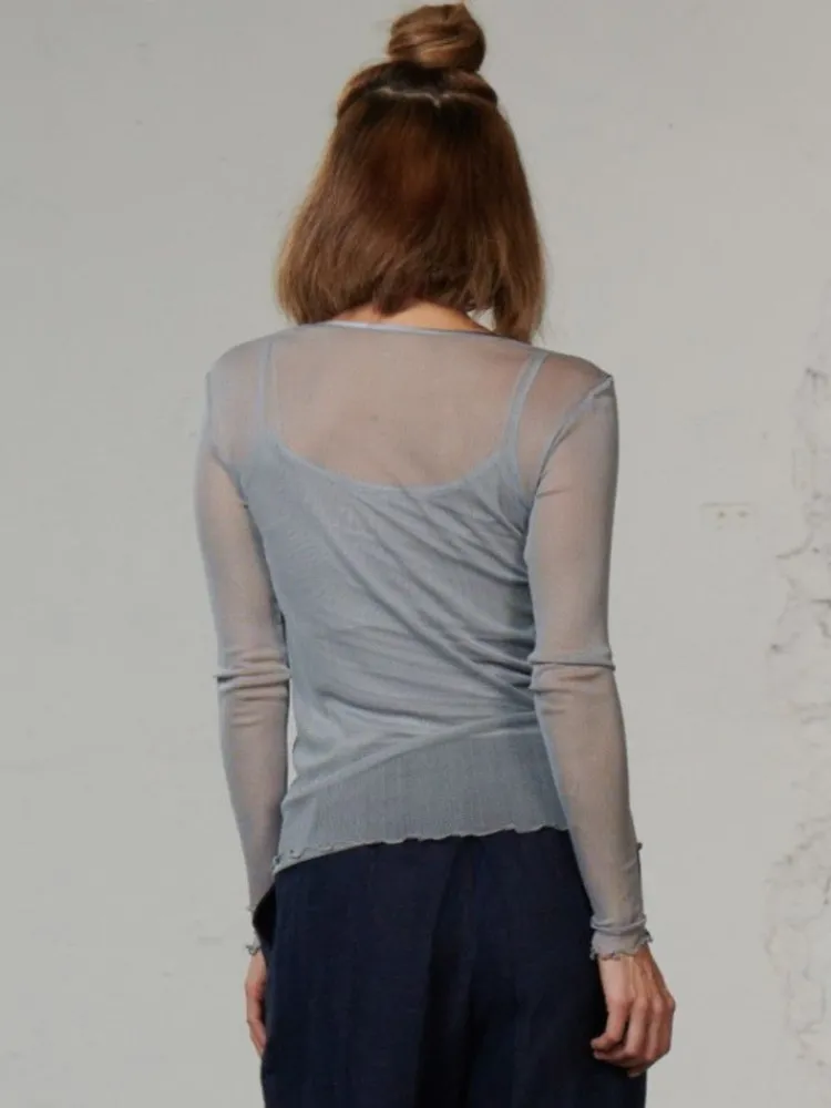 Shirts Mit Seide|Langarm^Kokon Zwo Langarm Rundhals Shirt NETZTÜLL 100% Seide von