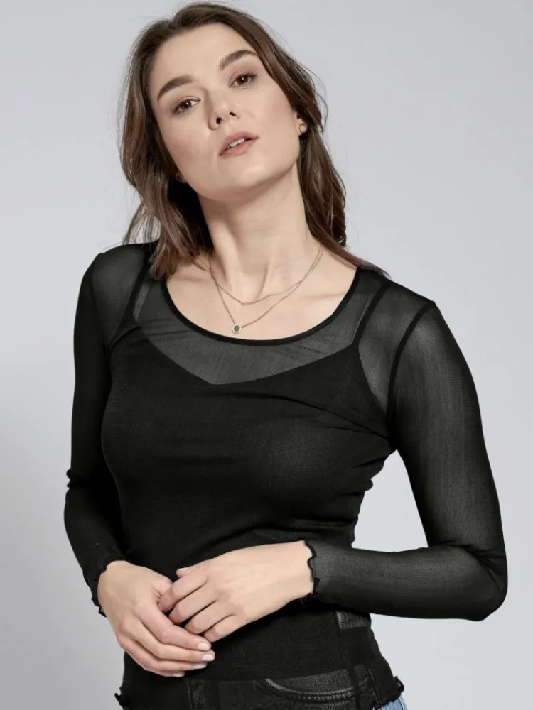 Shirts Mit Seide|Langarm^Kokon Zwo Langarm Rundhals Shirt NETZTÜLL 100% Seide von