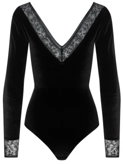 Langarm|Alle Bodys^Cadolle Langarm Samt-Body FLOQUI schwarz von schwarz mit Borte