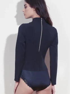 Langarm|Alle Bodys^Cadolle Langarm Twill-Body OFFICIER schwarz von schwarz mit Spitze