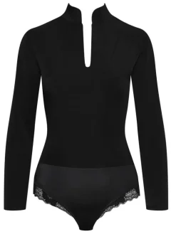 Langarm|Alle Bodys^Cadolle Langarm Twill-Body OFFICIER schwarz von schwarz mit Spitze