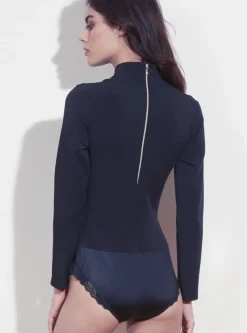 Langarm|Alle Bodys^Cadolle Langarm Twill-Body OFFICIER schwarz von schwarz mit Spitze