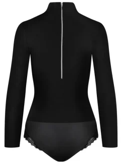 Langarm|Alle Bodys^Cadolle Langarm Twill-Body OFFICIER schwarz von schwarz mit Spitze