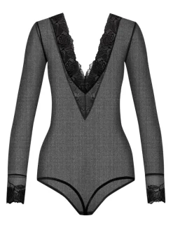 Langarm|Alle Bodys^Cadolle Langarm-Body TULIPE Tüll schwarz von schwarz mit Muster