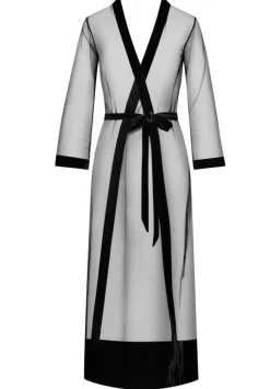 Morgenmantel Lang^Cadolle Langer Morgenmantel KIMONO TULLE LONGUE Tüll schwarz von schwarz mit Samt