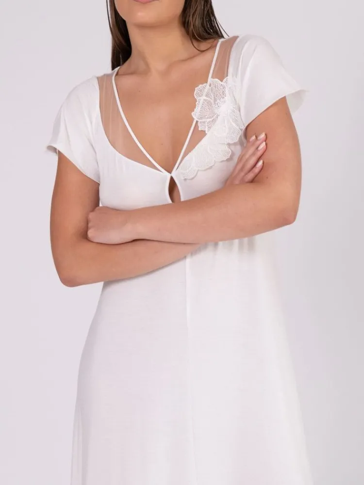 Edle Nachthemden^Verdiani Langes Modal Kurzarm Nachtkleid in weiss von cremeweiss
