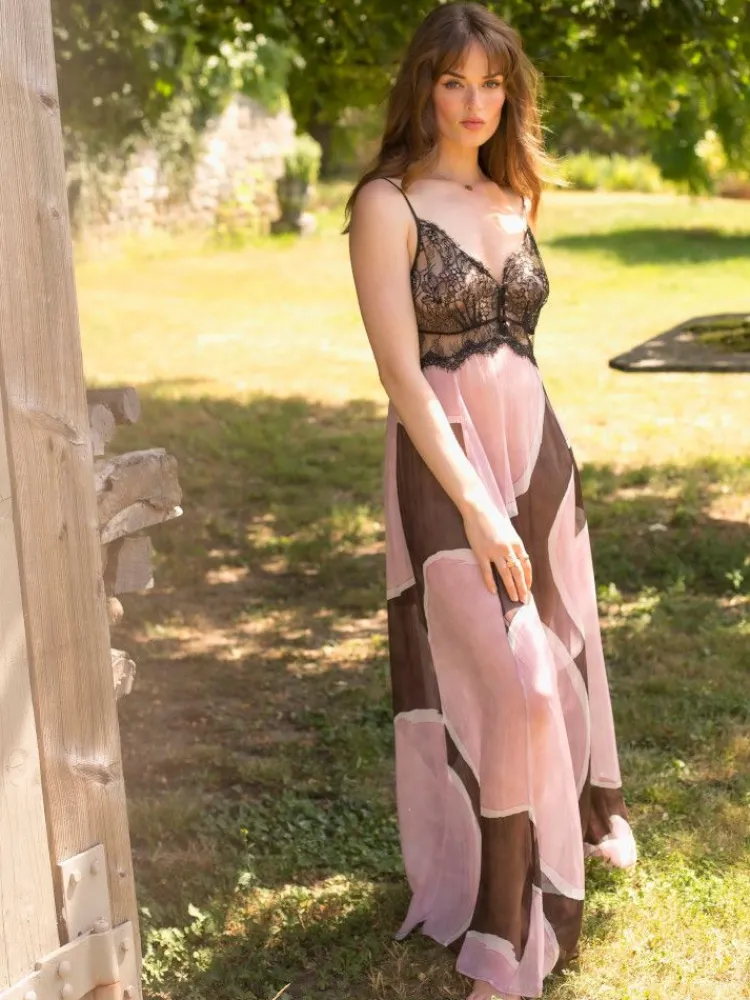 Strandkleider & Sommerkleider|Kleider^Marjolaine Langes Seidennachthemd MISHA mit Spitze von rosa brauner Print mit Spitze