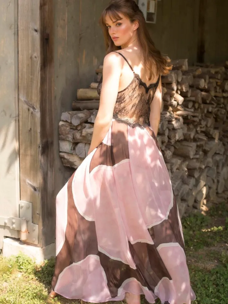 Strandkleider & Sommerkleider|Kleider^Marjolaine Langes Seidennachthemd MISHA mit Spitze von rosa brauner Print mit Spitze
