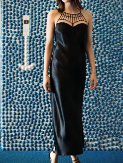 Alle Negligés|Seidenneglige^Luna di Seta Langes Seidennegligé ICONIC PIPING schwarz von schwarz mit hautfarbenem Tüll