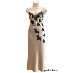 Alle Negligés|Seidenneglige^Gattina Langes Seidennegligé STARSHINE mit Spitze von gold oder schwarz mit schwarzer Spitze