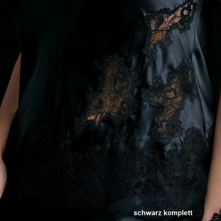 Alle Negligés|Seidenneglige^Gattina Langes Seidennegligé STARSHINE mit Spitze von gold oder schwarz mit schwarzer Spitze