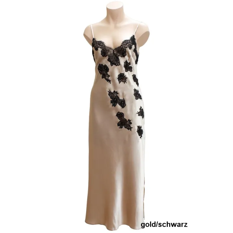 Alle Negligés|Seidenneglige^Gattina Langes Seidennegligé STARSHINE mit Spitze von gold oder schwarz mit schwarzer Spitze