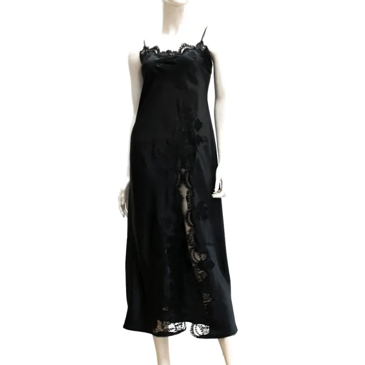 Alle Negligés|Seidenneglige^Marjolaine Langes Seidennegligé TENTATION von flechtengrün oder schwarz mit schwarzer Spitze