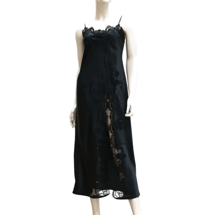 Alle Negligés|Seidenneglige^Marjolaine Langes Seidennegligé TENTATION von flechtengrün oder schwarz mit schwarzer Spitze