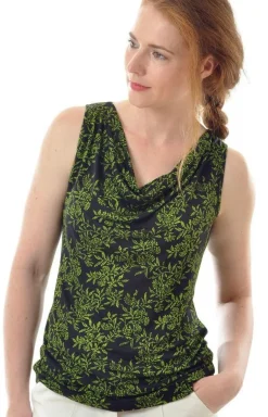 Shirts Mit Seide|Mit Jersey & Wirkseide^Alkena LAST PIECE 100% Bio-Seide WASSERFALL TOP schwarz-grün Interlock von Größe XL Blätter Druck auf schwarz