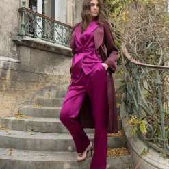 Morgenmantel Lang|Morgenmantel Aus Satin^Marjolaine LAST PIECE 100% Seide Morgenmantel SOIE UNIE aubergine-violett Größe 34 aubergine-farben mit beere-violetten Details