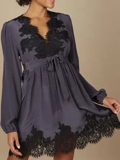 Kleider|Bluse & Tunika^Marjolaine LAST PIECE Crepe-Seide Blusenkleid INDISCRETE dunkelgrau von Größe DE34 graphit-dunkelgrau mit schwarzer Spitze