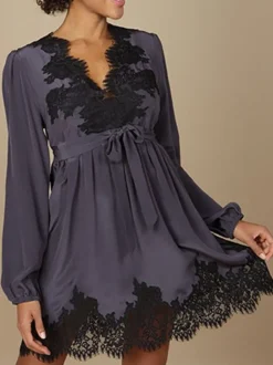 Kleider|Bluse & Tunika^Marjolaine LAST PIECE Crepe-Seide Blusenkleid INDISCRETE dunkelgrau von Größe DE34 graphit-dunkelgrau mit schwarzer Spitze