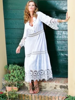 Strandkleider & Sommerkleider|Freizeit- & Reisekleidung^Chiara Fiorini LAST PIECE Langes Sommerkleid mit Stickerei BIANCO von Größe 34 Stickerei in weiß auf weißem Grund