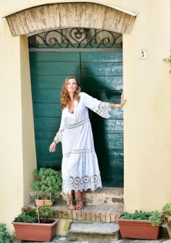 Strandkleider & Sommerkleider|Freizeit- & Reisekleidung^Chiara Fiorini LAST PIECE Langes Sommerkleid mit Stickerei BIANCO von Größe 34 Stickerei in weiß auf weißem Grund