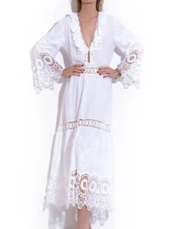 Strandkleider & Sommerkleider|Freizeit- & Reisekleidung^Chiara Fiorini LAST PIECE Langes Sommerkleid mit Stickerei BIANCO von Größe 34 Stickerei in weiß auf weißem Grund