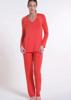Feine Pyjamas^Verdiani LAST PIECE Modal Schlafanzug ARANCIO koralle-rot von Größe 36 koralle rot mit Spitze