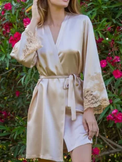 Morgenmantel Kurz|Morgenmantel Mit Spitze^Marjolaine LAST PIECE Morgenmantel kurz Seide MARJOLIE No. 10 von sand Größe 40 sand beige mit Spitze