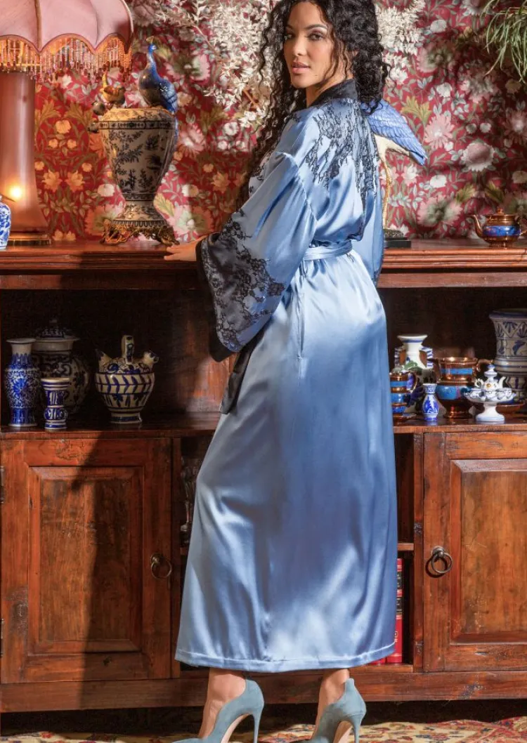 Lounge-Wear|Hausmantel (Warm)^Marjolaine LAST PIECE Samt Morgenmantel PIA blau schwarz mit Seide von Größe DE44 hell jeansblau mit schwarz