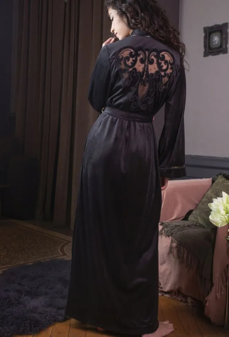 Lounge-Wear|Hausmantel (Warm)^Marjolaine LAST PIECE Samt Morgenmantel NOOR schwarz geblümt mit Seide von Größe DE40 schwarz mit geblümten Details