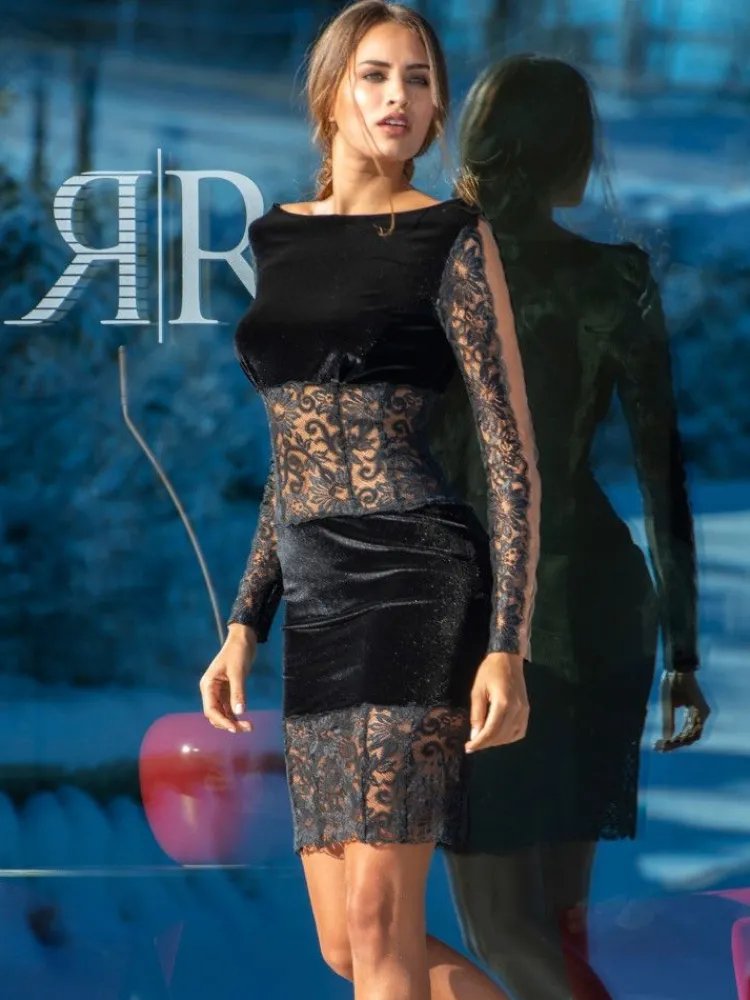 Lounge-Wear^Ambra LAST PIECE Samtkleid mit Spitze schwarz von Größe S