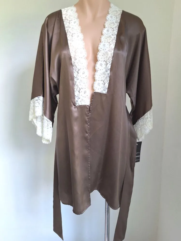 Morgenmantel Kurz|Morgenmantel Aus Satin^Sally Jones LAST PIECE Seide Kimono CHARLOTTE mokka-elfenbein Größe L / 42 von kühles espresso-braun mit elfenbein-farbener Spitze