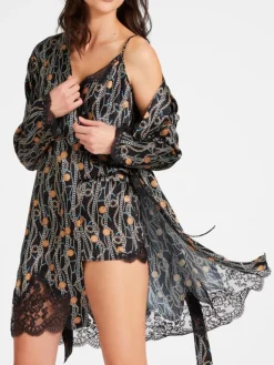 Morgenmantel Kurz|Morgenmantel Aus Satin^Aubade LAST PIECE Seide Kimono TOI MON AMOUR mit Print von schwarz Größe L