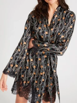 Morgenmantel Kurz|Morgenmantel Aus Satin^Aubade LAST PIECE Seide Kimono TOI MON AMOUR mit Print von schwarz Größe L
