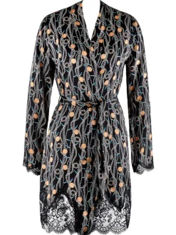 Morgenmantel Kurz|Morgenmantel Aus Satin^Aubade LAST PIECE Seide Kimono TOI MON AMOUR mit Print von schwarz Größe L