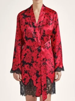 Morgenmantel Kurz|Morgenmantel Aus Satin^Aubade LAST PIECE Seide Kimono TOI MON AMOUR mit Print von schwarz Größe L