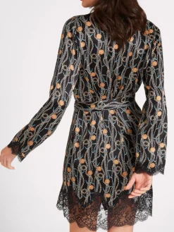 Morgenmantel Kurz|Morgenmantel Aus Satin^Aubade LAST PIECE Seide Kimono TOI MON AMOUR mit Print von schwarz Größe L