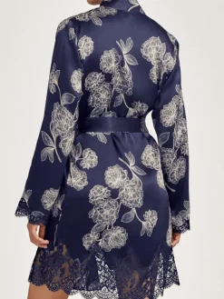 Morgenmantel Kurz|Morgenmantel Aus Satin^Aubade LAST PIECE Seide Kimono TOI MON AMOUR mit Print von schwarz Größe L