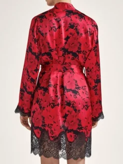 Morgenmantel Kurz|Morgenmantel Aus Satin^Aubade LAST PIECE Seide Kimono TOI MON AMOUR mit Print von schwarz Größe L