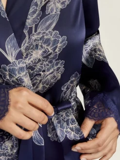 Morgenmantel Kurz|Morgenmantel Aus Satin^Aubade LAST PIECE Seide Kimono TOI MON AMOUR mit Print von schwarz Größe L