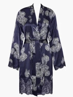 Morgenmantel Kurz|Morgenmantel Aus Satin^Aubade LAST PIECE Seide Kimono TOI MON AMOUR mit Print von schwarz Größe L