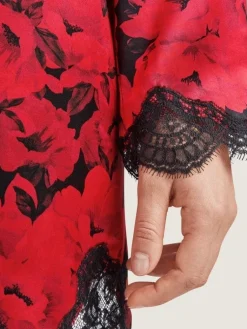 Morgenmantel Kurz|Morgenmantel Aus Satin^Aubade LAST PIECE Seide Kimono TOI MON AMOUR mit Print von schwarz Größe L