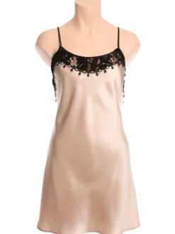 Seidennachthemd^Marjolaine LAST PIECE Seide Nachthemd FAUSTINE mit Velour beige Größe 36 von sand oder dunkelgrau mit schwarzem Velour und schwarzer Spitze