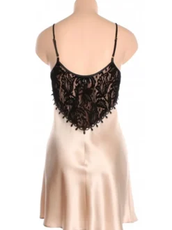 Seidennachthemd^Marjolaine LAST PIECE Seide Nachthemd FAUSTINE mit Velour beige Größe 36 von sand oder dunkelgrau mit schwarzem Velour und schwarzer Spitze