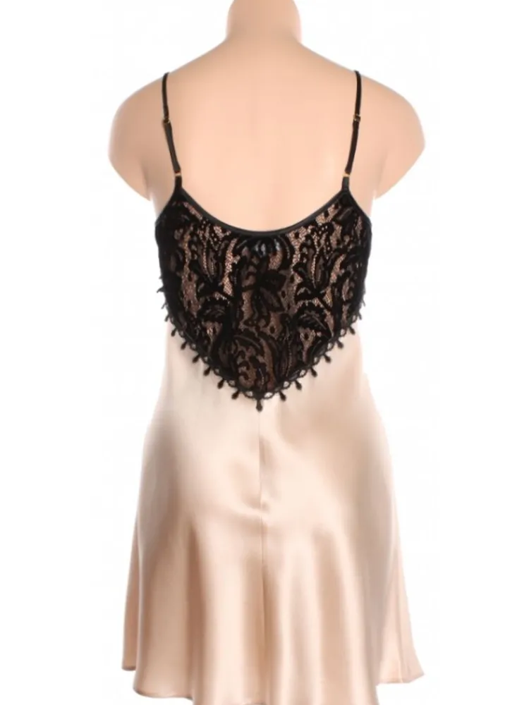 Seidennachthemd^Marjolaine LAST PIECE Seide Nachthemd FAUSTINE mit Velour beige Größe 36 von sand oder dunkelgrau mit schwarzem Velour und schwarzer Spitze