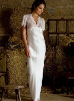 Seidennachthemd|Seidenneglige^Marjolaine LAST PIECE Seide Nachtkleid CHANTAGE mit Spitze von Größe 38 dunkelblau oder natur-weiß mit Spitze