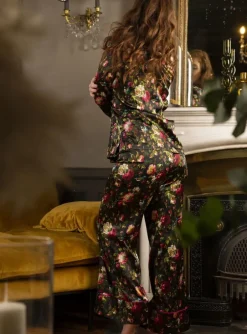 Seidenpyjama^Marjolaine LAST PIECE Seidenpyjama NURHAN schwarz-grün von Größe DE38 schwarz grün pink mit Zierbiesen