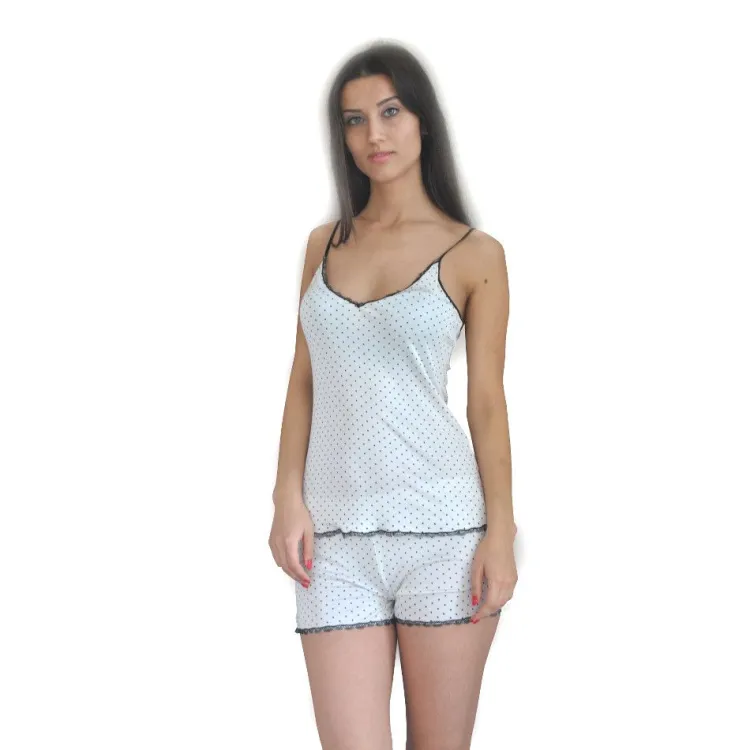 Seidenpyjama^Nightdreams LAST PIECE Sommer-Pyjama NEW YORK Seidenmix Größe 40 weiß mit schwarzen Punkten (gepunktet)