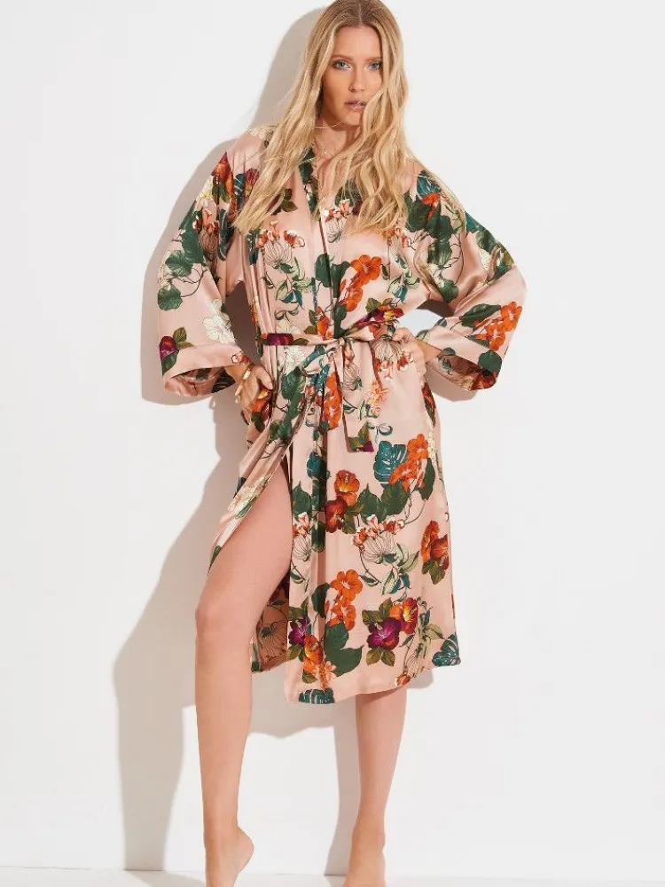 Lounge-Wear|Exquisite Morgenmäntel^Chiara Fiorini LAST PIECE Viscose Morgenmantel FLOWERS rosa-grün von Größe 40